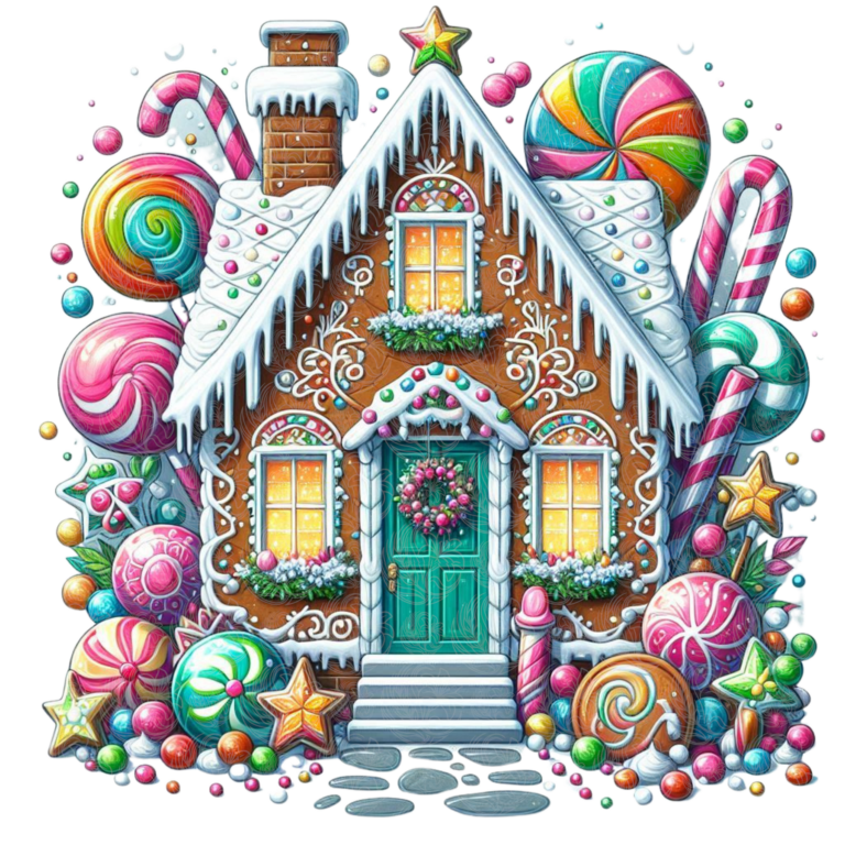 Gingerbread house surrounded by colourful lollipops candy canes and icing decorations Grey Barn Handwerk, Saskatchewan.